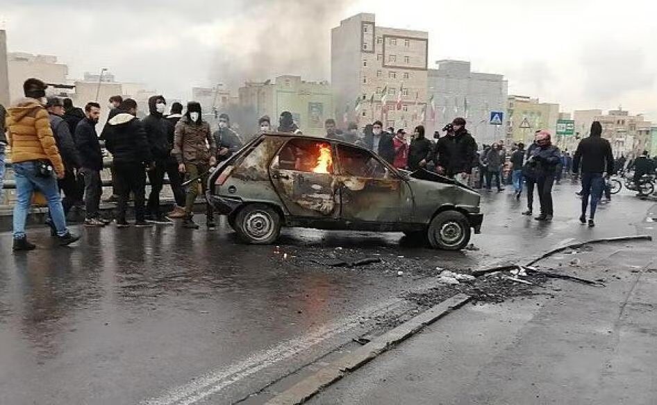 A burned-out car during the November 2019 fuel protests in Iran.