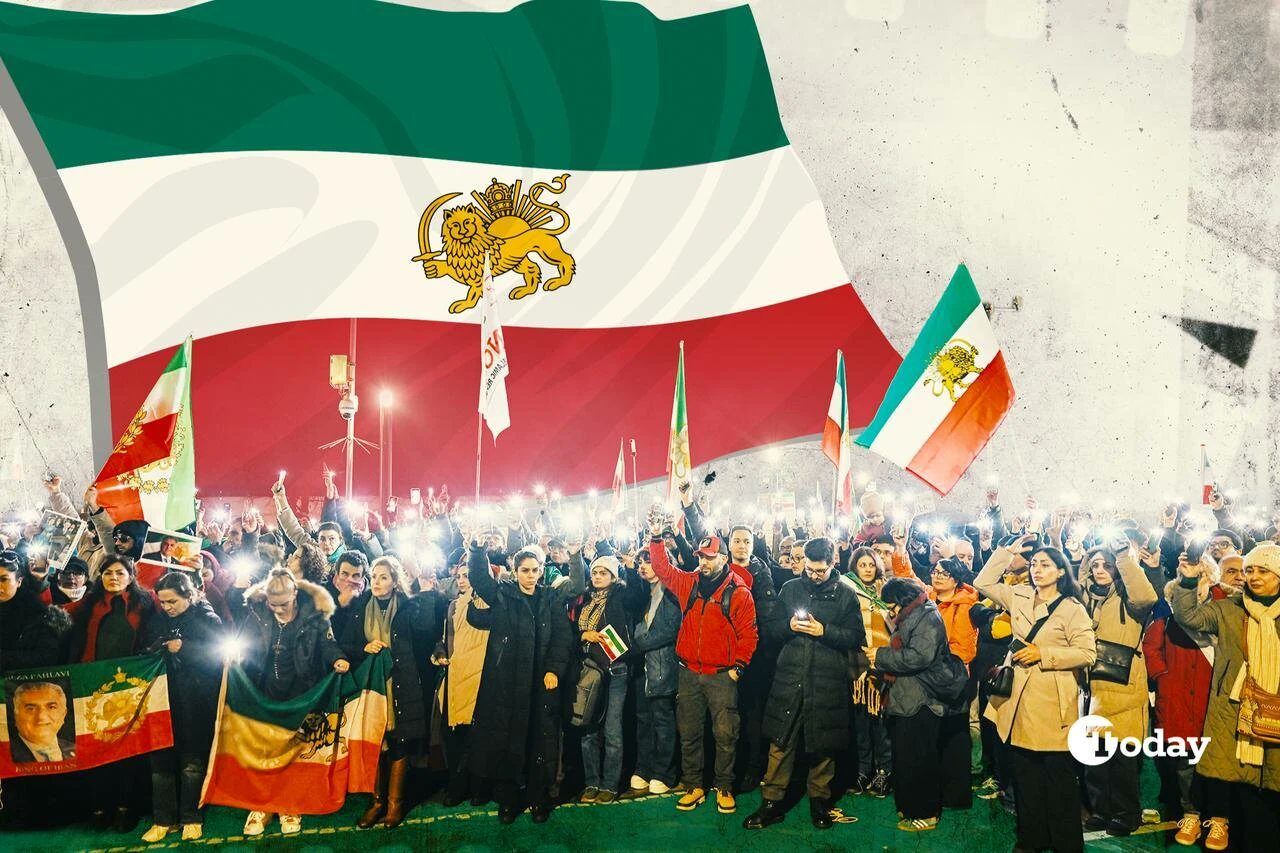 Iranian diaspora demonstrators under the pre-1979 Lion and Sun flag.