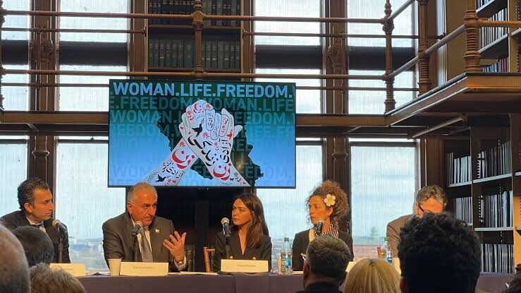 Reza Pahlavi, Masih Alinejad, and other opposition figures at the February 2023 Georgetown University event that launched the short-lived coalition and the Mahsa Charter.