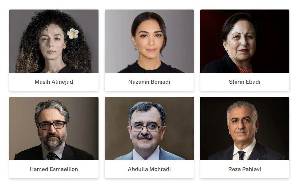 Key figures from the short-lived 2023 opposition coalition — Masih Alinejad, Nazanin Boniadi, Shirin Ebadi, Hamed Esmaeilion, Abdullah Mohtadi, and Reza Pahlavi — illustrating the fragmented field the article compares.